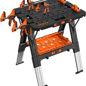 Pony Portable Folding Work Table, 2-in-1 as Sawhorse & Workbench, 31” W×25” D×25”-35”H, Large Load Capacity with 4pcs Clamps, 4pcs Bench Dogs