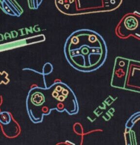 Neon Gaming Accessories on Black Anti Pill Fleece Fabric