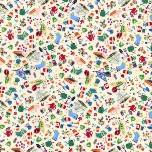 Hi Fashion Gardening Tools on White Novelty Cotton Fabric