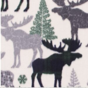 Navy & Green Patterned Moose & Trees Anti Pill Fleece Fabric