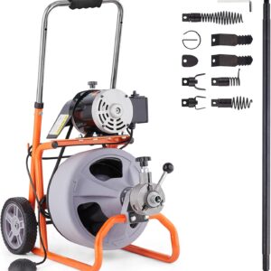Drainage cleaning machine 75 feet x 3/8 inch, automatic feed sewer cleaning device with roller-type drainage winch, portable drainage cleaning machine, equipped with 8 cutters and pneumatic foot switches for 2-inch to 4-inch pipes
